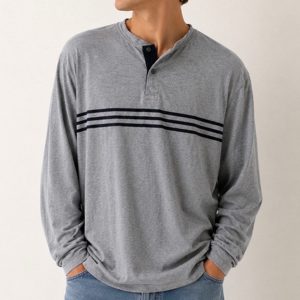 Nautica Jeans Co Gray Navy Striped Henley LS Shirt Men's XL Cotton Pullover